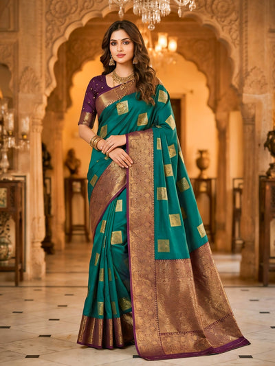 Teal Green Square Zari Motifs Silk Saree