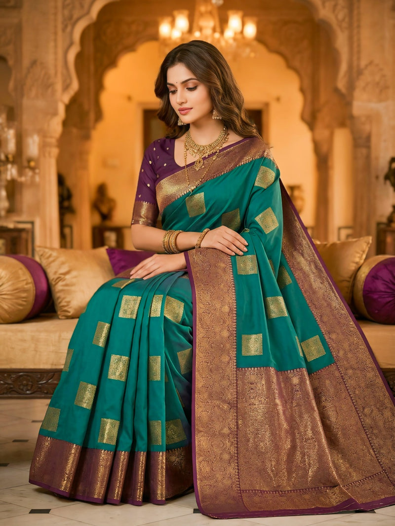 Teal Green Square Zari Motifs Silk Saree