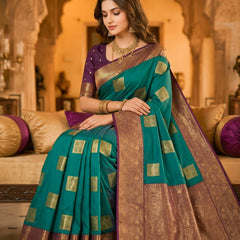 Teal Green Square Zari Motifs Silk Saree