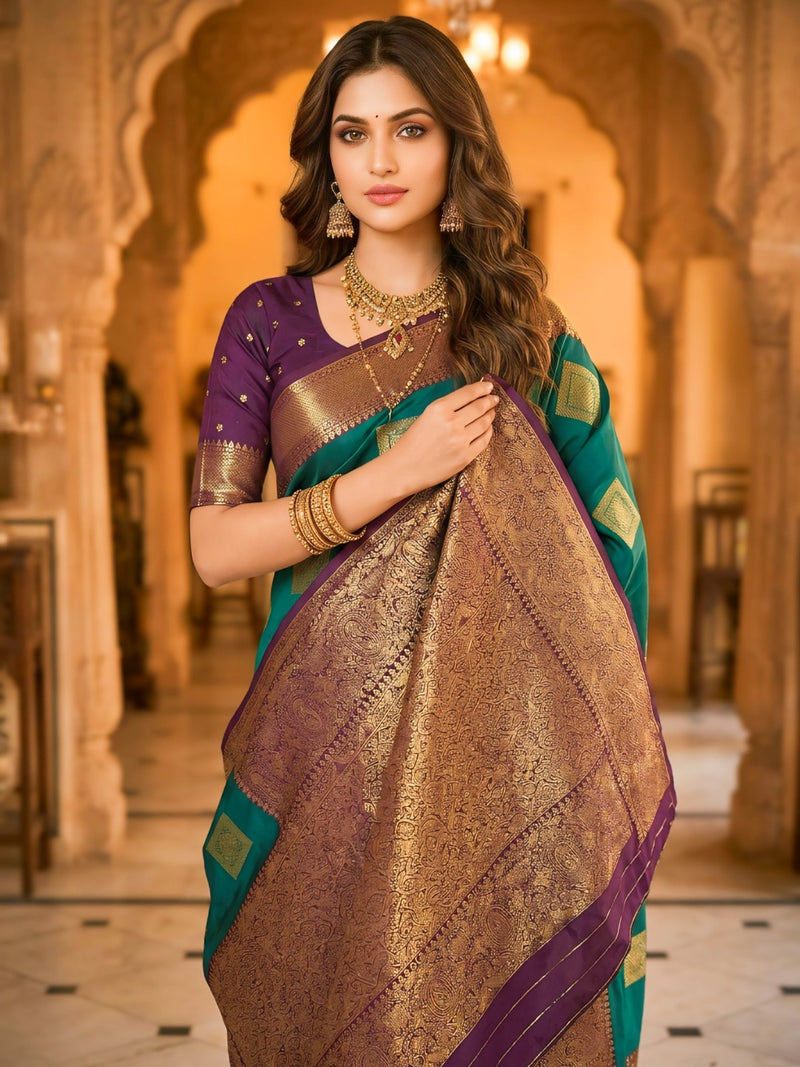 Teal Green Square Zari Motifs Silk Saree