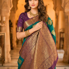 Teal Green Square Zari Motifs Silk Saree