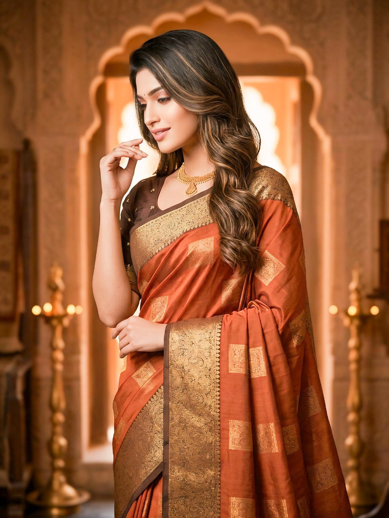 Copper Orange Square Zari Motifs Silk Saree