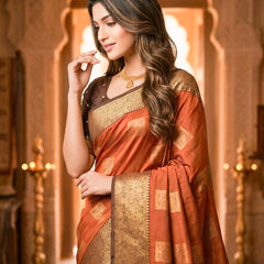Copper Orange Square Zari Motifs Silk Saree
