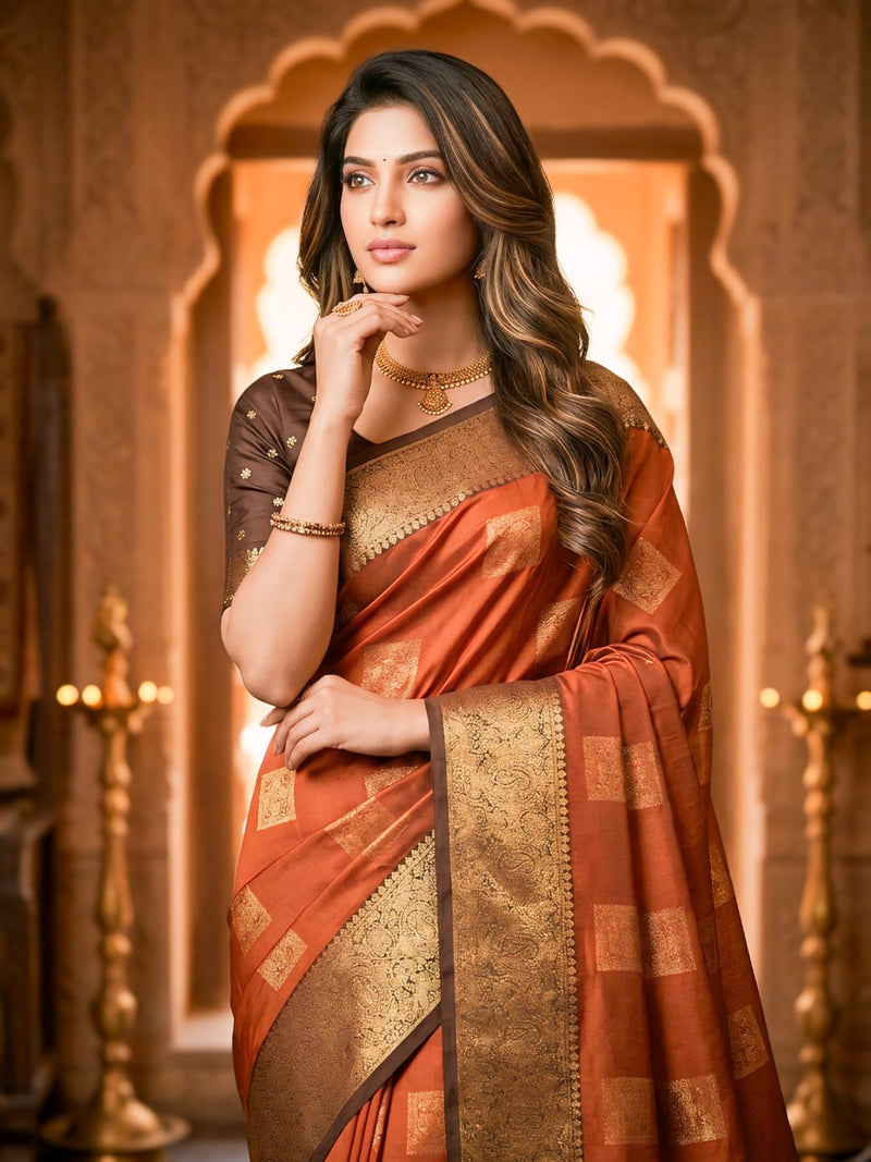Copper Orange Square Zari Motifs Silk Saree