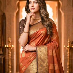Copper Orange Square Zari Motifs Silk Saree