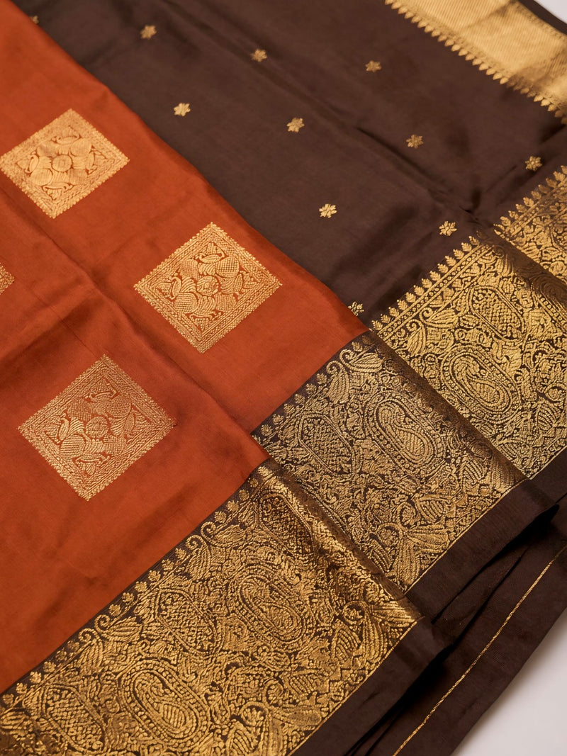 Copper Orange Square Zari Motifs Silk Saree