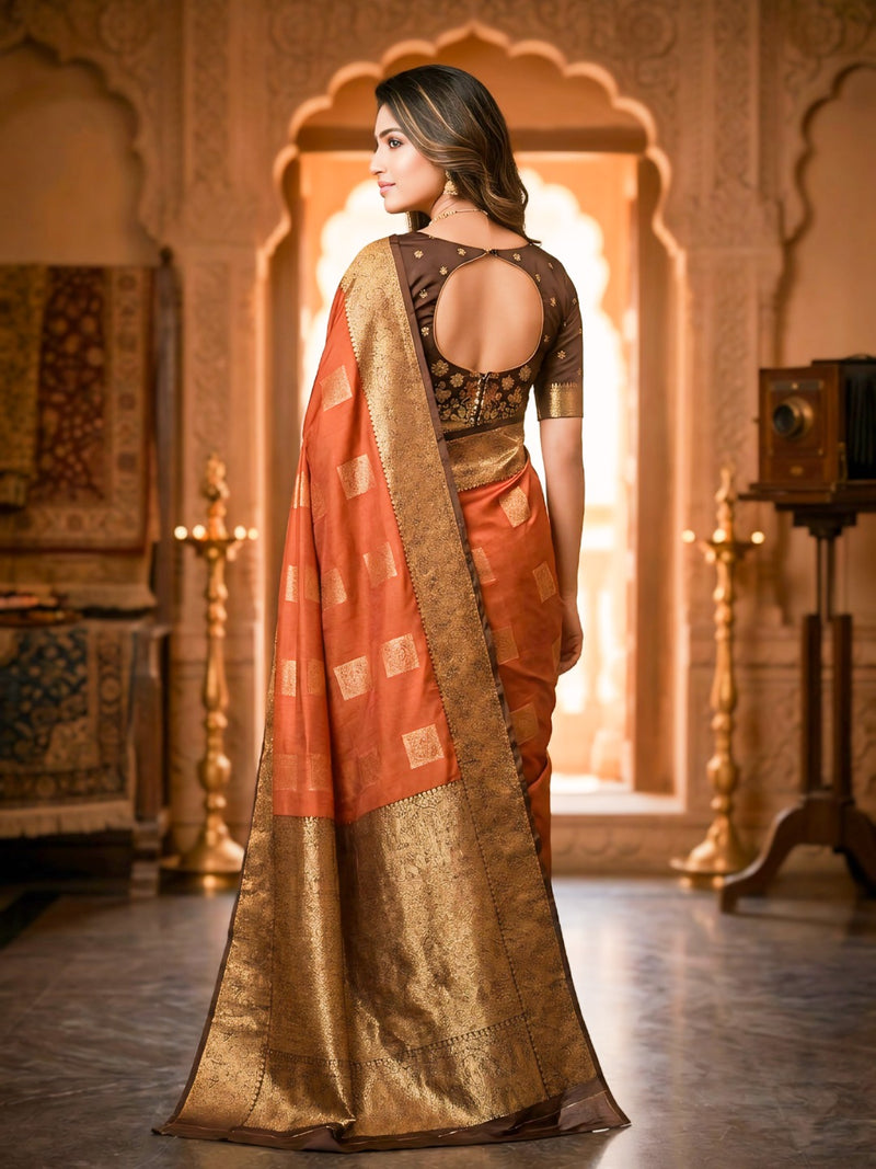 Copper Orange Square Zari Motifs Silk Saree