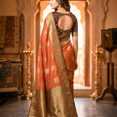 Copper Orange Square Zari Motifs Silk Saree