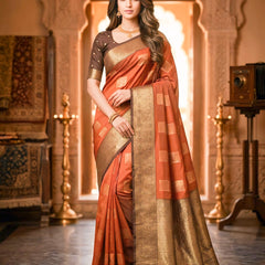 Copper Orange Square Zari Motifs Silk Saree