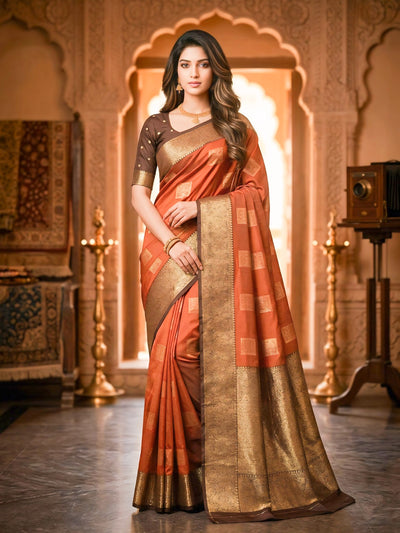 Copper Orange Square Zari Motifs Silk Saree