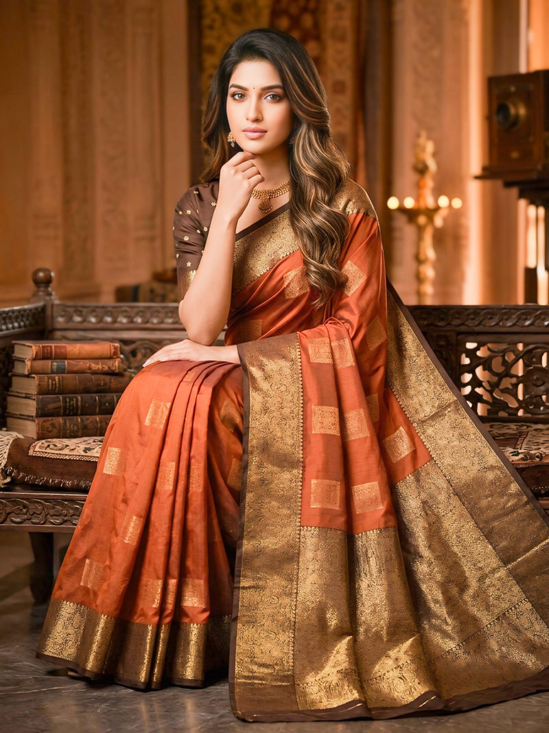 Copper Orange Square Zari Motifs Silk Saree