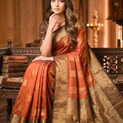 Copper Orange Square Zari Motifs Silk Saree