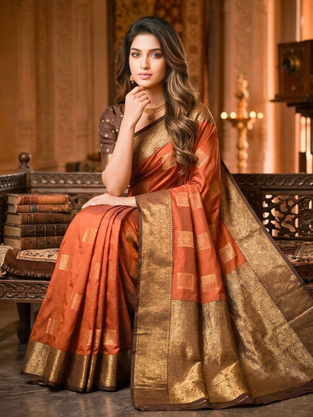 Copper Orange Square Zari Motifs Silk Saree