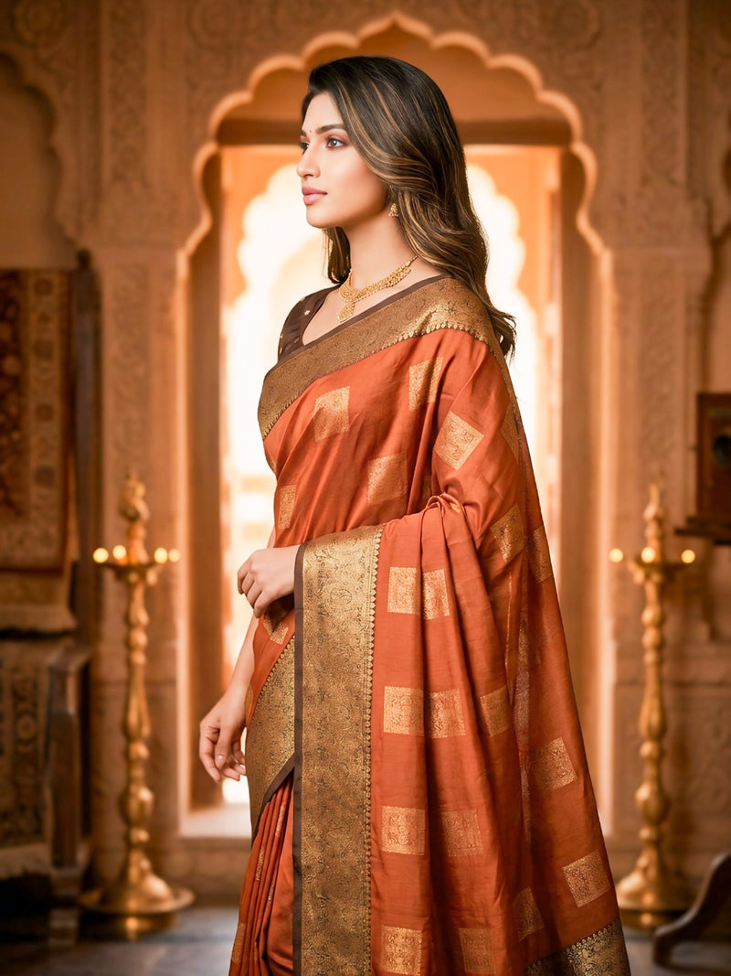 Copper Orange Square Zari Motifs Silk Saree