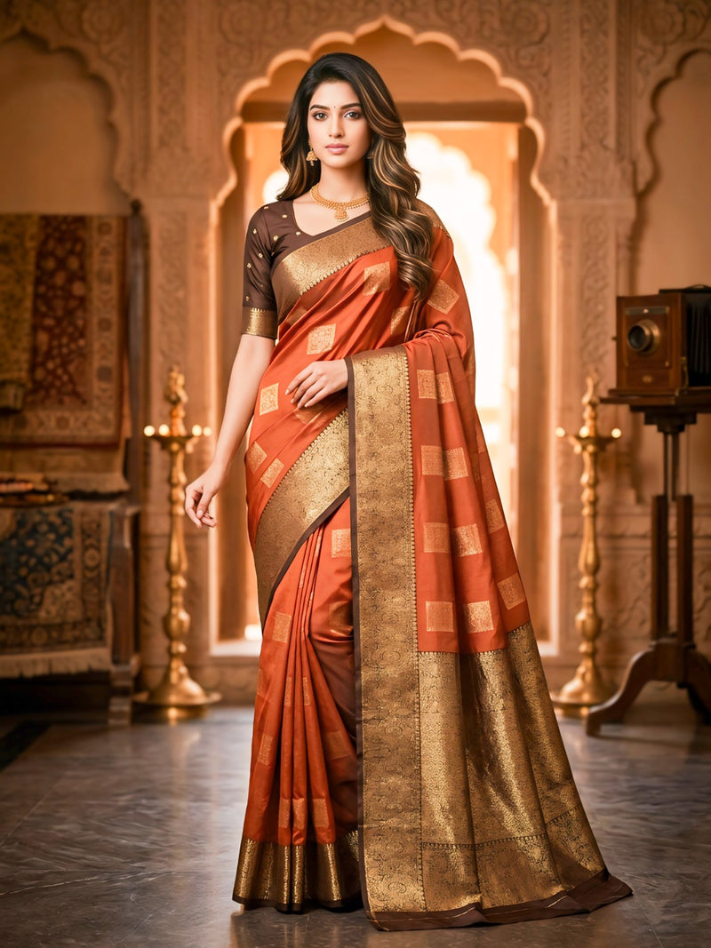 Copper Orange Square Zari Motifs Silk Saree