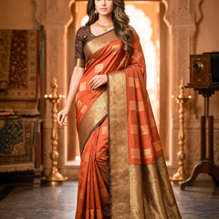 Copper Orange Square Zari Motifs Silk Saree