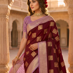 Deep Wine Square Zari Motifs Silk Saree