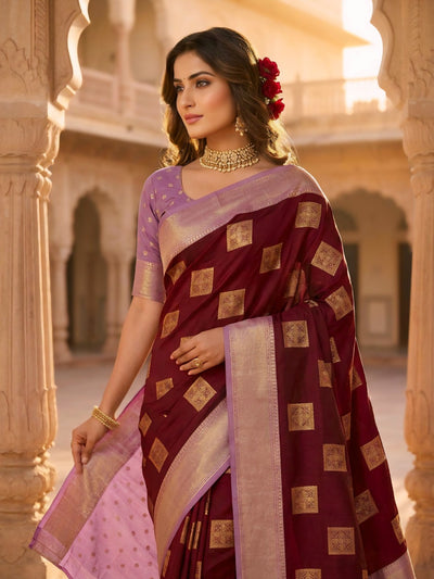 Deep Wine Square Zari Motifs Silk Saree