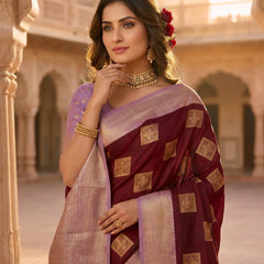 Deep Wine Square Zari Motifs Silk Saree