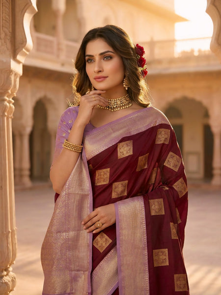 Deep Wine Square Zari Motifs Silk Saree