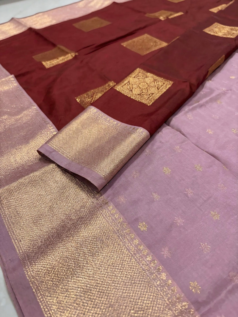 Deep Wine Square Zari Motifs Silk Saree