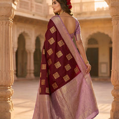 Deep Wine Square Zari Motifs Silk Saree