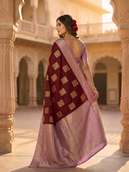 Deep Wine Square Zari Motifs Silk Saree