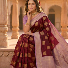 Deep Wine Square Zari Motifs Silk Saree
