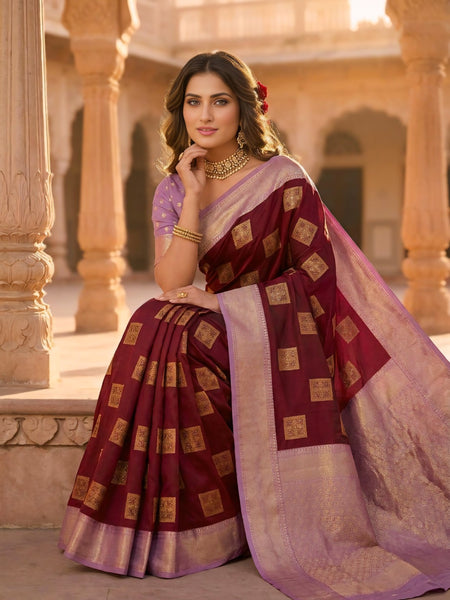 Deep Wine Square Zari Motifs Silk Saree