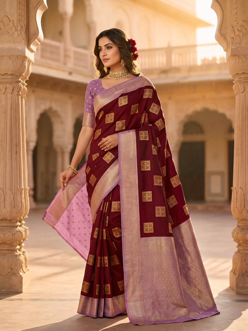 Deep Wine Square Zari Motifs Silk Saree