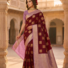 Deep Wine Square Zari Motifs Silk Saree
