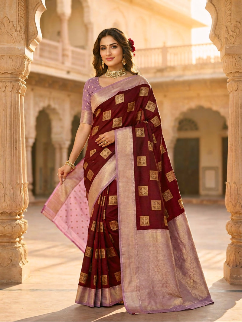 Deep Wine Square Zari Motifs Silk Saree