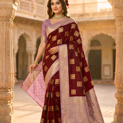 Deep Wine Square Zari Motifs Silk Saree