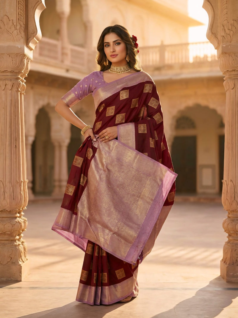 Deep Wine Square Zari Motifs Silk Saree
