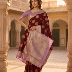 Deep Wine Square Zari Motifs Silk Saree
