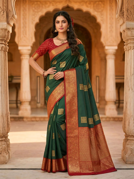 The Dark Green & Crimson Banarasi Saree