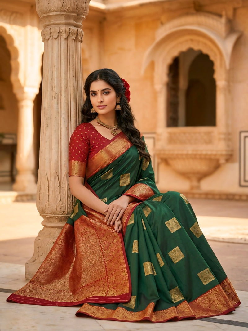 The Dark Green & Crimson Banarasi Saree