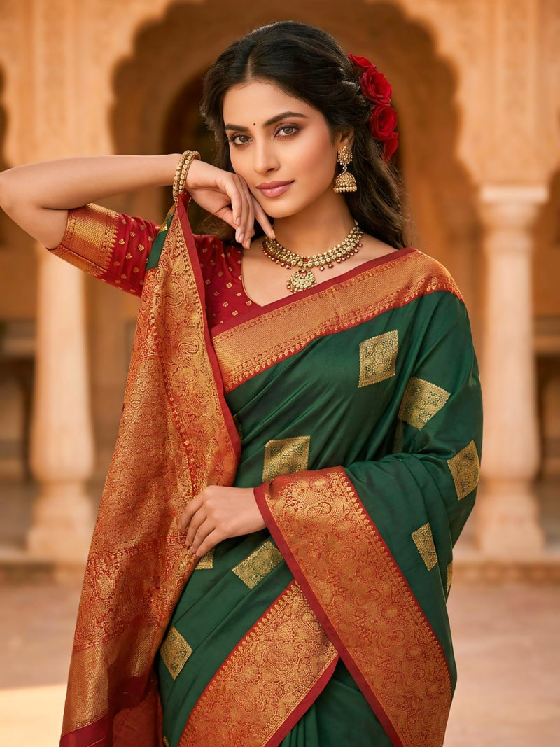 The Dark Green & Crimson Banarasi Saree