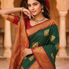 The Dark Green & Crimson Banarasi Saree