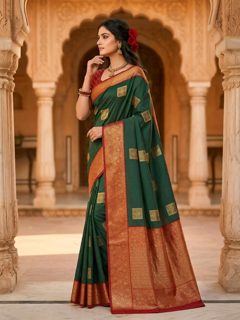 The Dark Green & Crimson Banarasi Saree