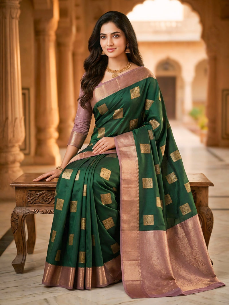 Emerald Green Square Zari Motifs Silk Saree