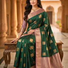 Emerald Green Square Zari Motifs Silk Saree