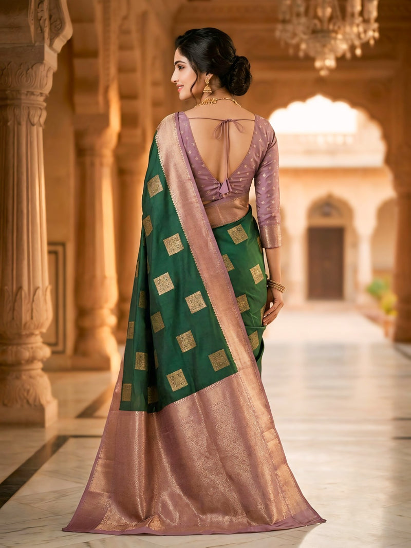 Emerald Green Square Zari Motifs Silk Saree