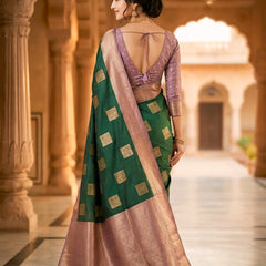 Emerald Green Square Zari Motifs Silk Saree