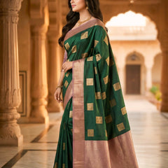 Emerald Green Square Zari Motifs Silk Saree