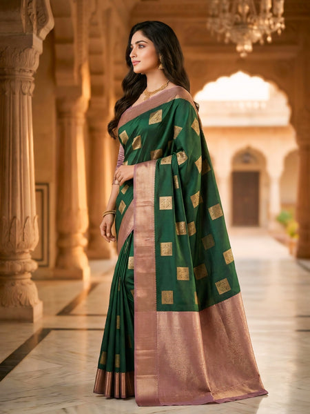 Emerald Green Square Zari Motifs Silk Saree