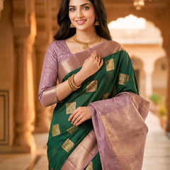 Emerald Green Square Zari Motifs Silk Saree
