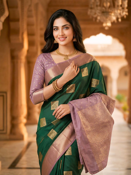 Emerald Green Square Zari Motifs Silk Saree