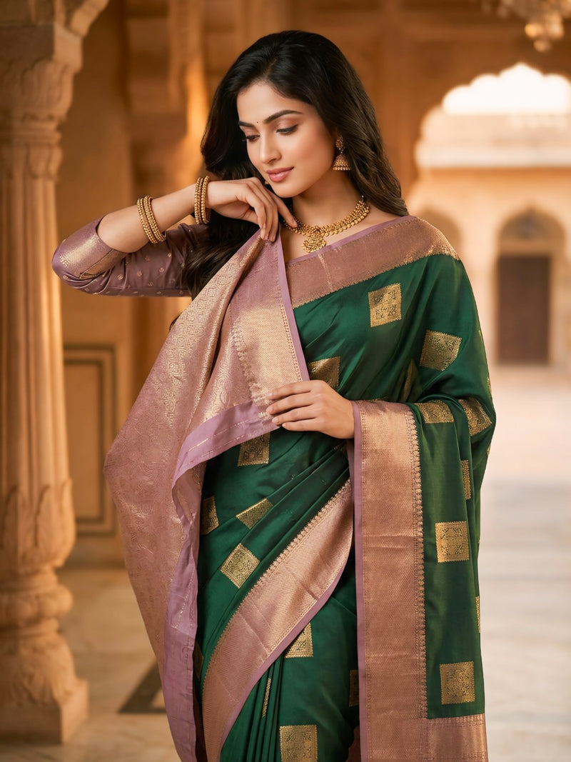 Emerald Green Square Zari Motifs Silk Saree