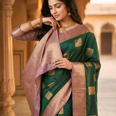 Emerald Green Square Zari Motifs Silk Saree